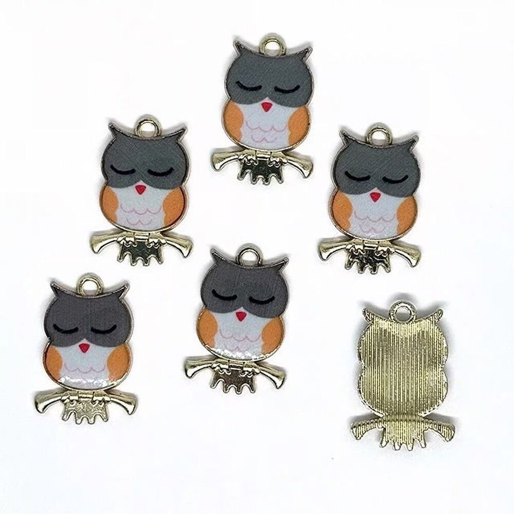 6pcs Beads for Jewelry Making Orange Grey Enamel Owl Charms #18326 - Picture 5 of 5